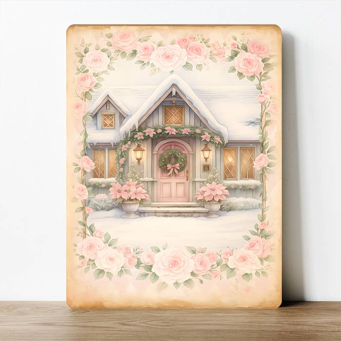 Cartel de metal decorativo de Navidad con rosas y cabaña rosa de invierno para venta al por mayor de The British Metal Signs Company