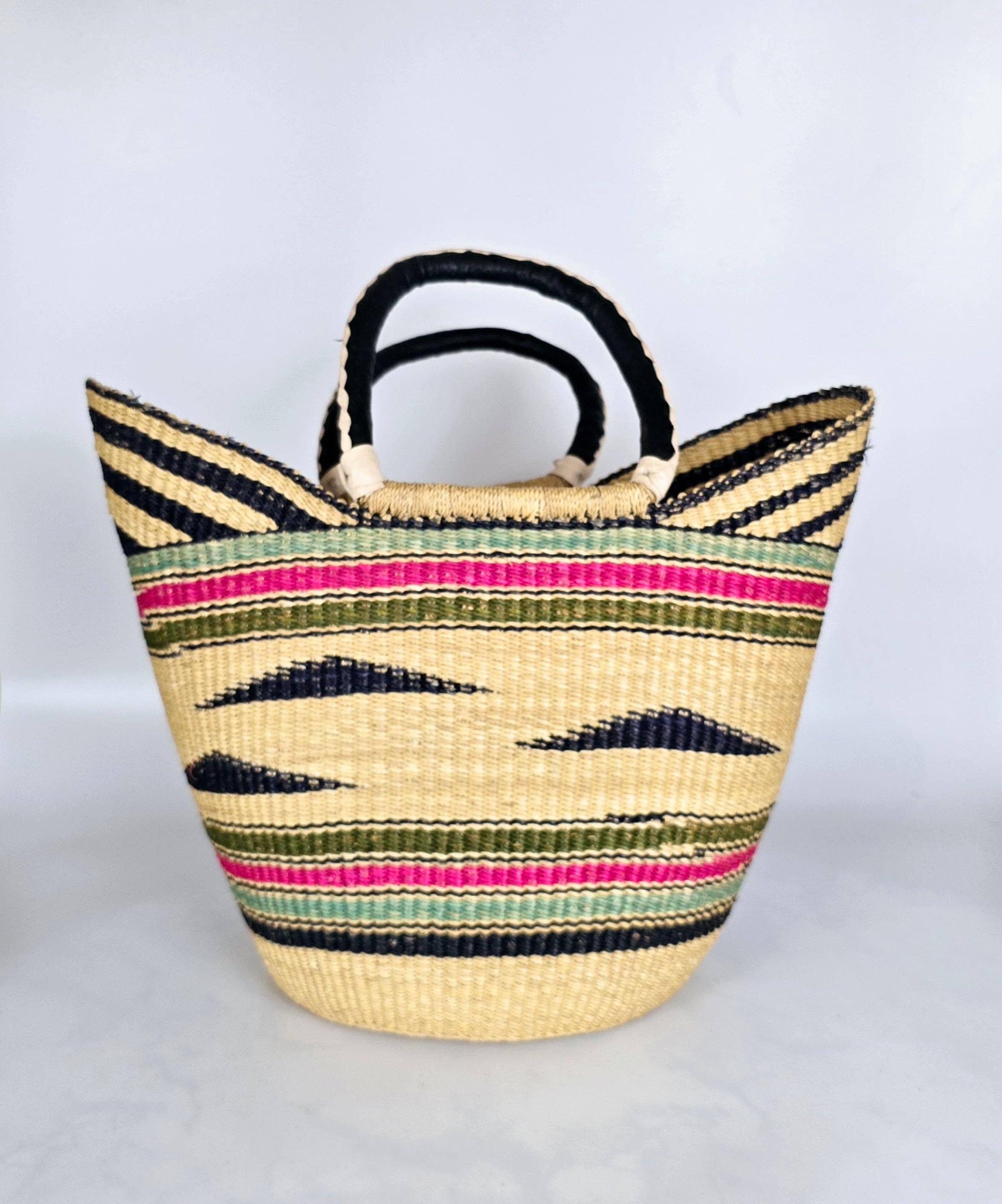 Pink, Turquoise, Natural Brown Open Weave Bolga Tote Bag for wholesale by The Bam's Art Shop