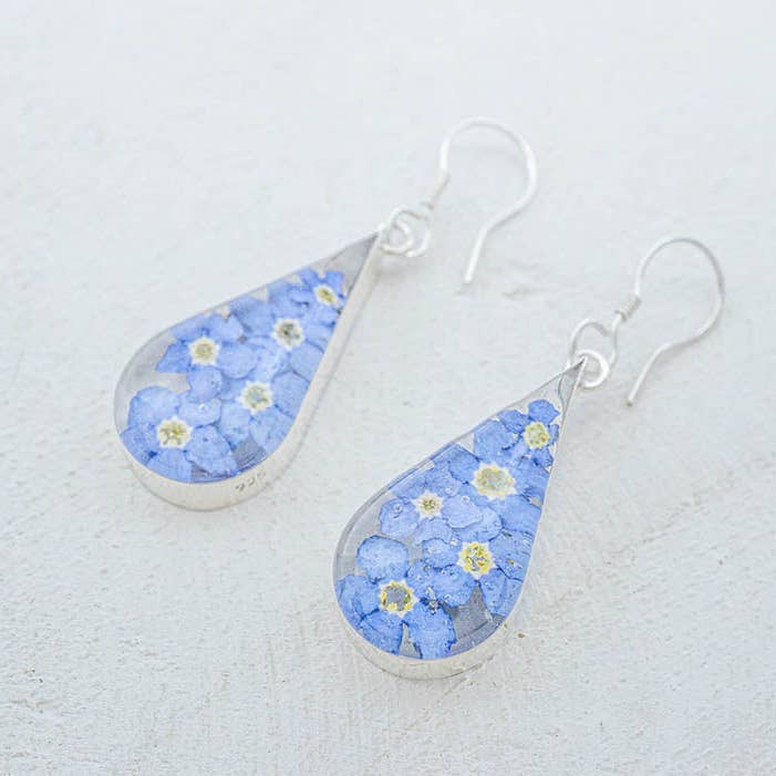 Primavera Forget Me Not Earring, Medium Teardrop on Hook for wholesale by Corazón Sterling