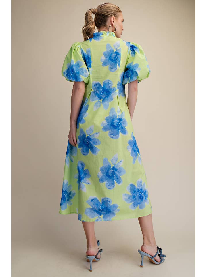 Glam - Wholesale Dress - Women's - Ruffle V-Neck Puff Sleeve Waist Pleated Midi Dress18