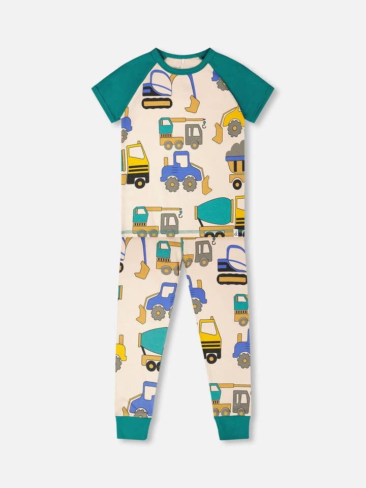 Conjunto de pijama de dos piezas de algodón orgánico beige con estampado de camión para venta al por mayor de Deux par Deux