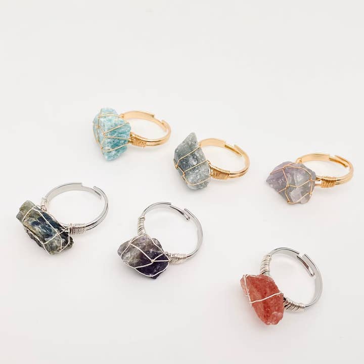 Mio Queena - Wholesale Cocktail/Statement Ring - Natural Irregular Rough Stone Wound Copper Wire Ring21