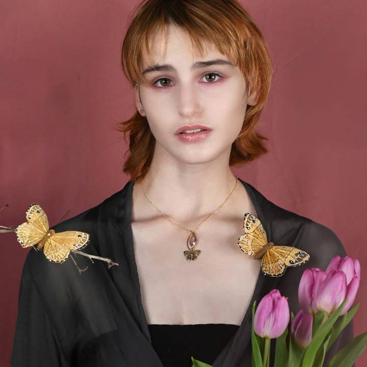 KBD Studio - Wholesale Pendant/Charm Necklace - Vintage Butterfly Necklace w/ Multi Stones and Semi Precious