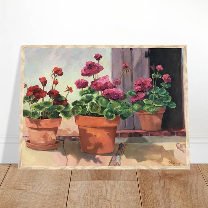 "Série de Géraniums Rouges en Pot 2" Rouge et Rose Floral | Impression d'Art Encadrée en Bois 20x28 pouces | Œuvre Originale de l'Artiste Américaine Barbara Cleary pour la vente par Barbara Cleary Designs