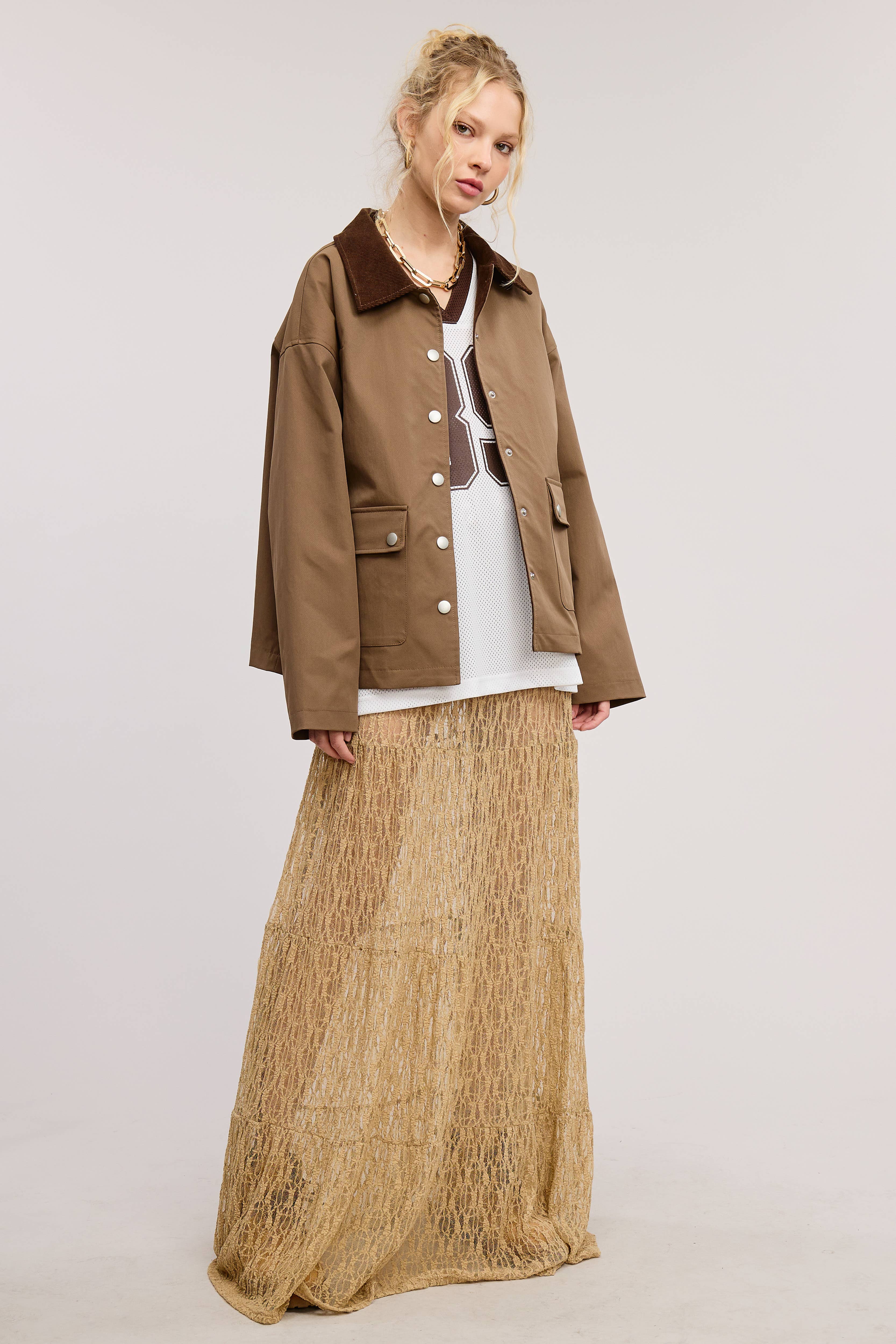 Brown Barn Jacket with Corduroy Collar and Snap Pockets for wholesale on Faire9
