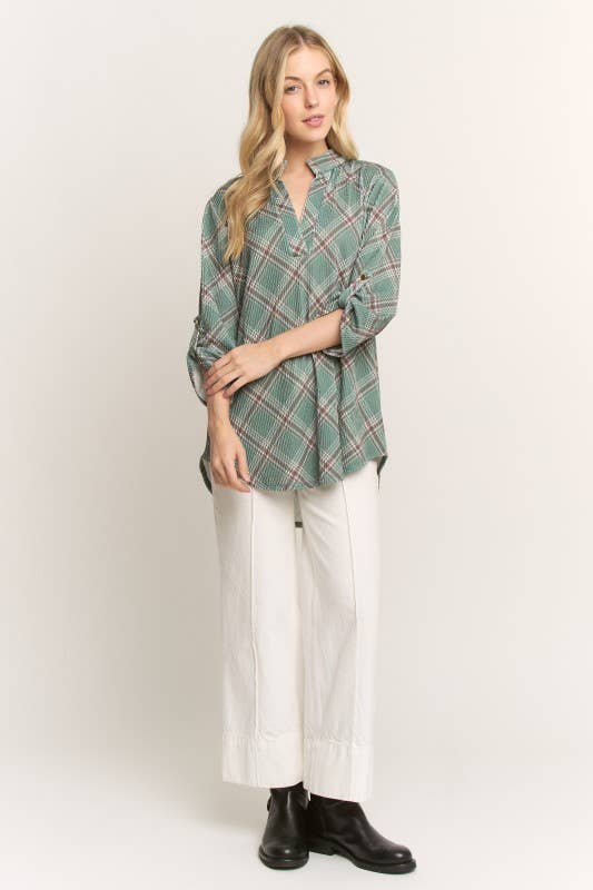 OLIJF ST1002-127 TOP MET KNOOPMOUWEN EN KRAAG IN VEELKLEURIG RUITPATROON voor groothandel op Faire4