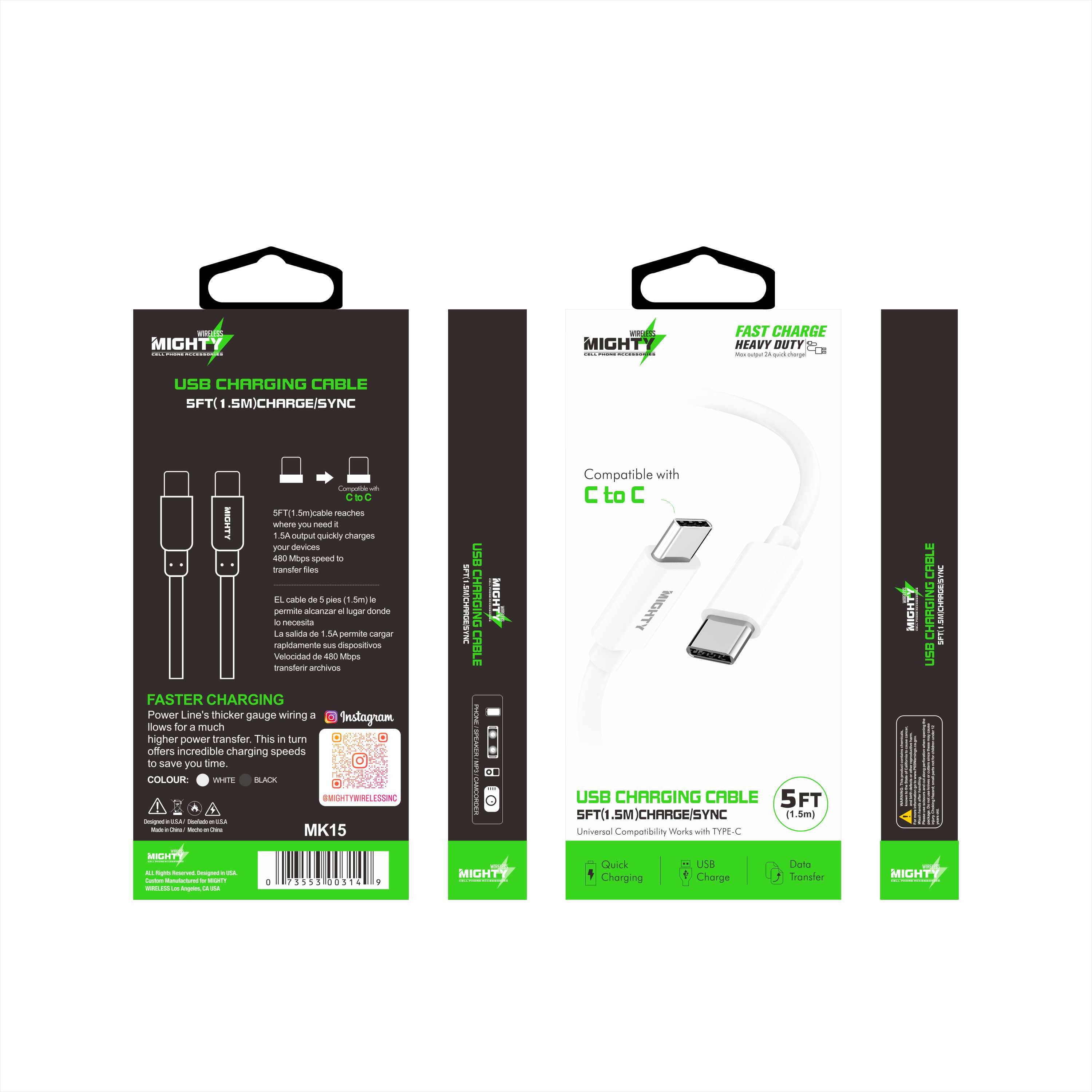 Mighty Wireless - Wholesale Charging Cable - Mighty Fast Charging 5FT Type-C to Type-C Cable White MK152