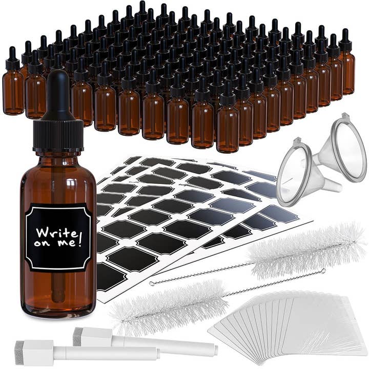 Nevlers 1 oz Amber Glass Dropper Bottle (Set of 100) | Includes Labels, Shrink Wrap, 2 Funnels, 2 Markers, 2 brushes and other Purchase Wholesale liquid herbal extracts. Free Returns & Net 60 Terms on Faire trending on Faire.