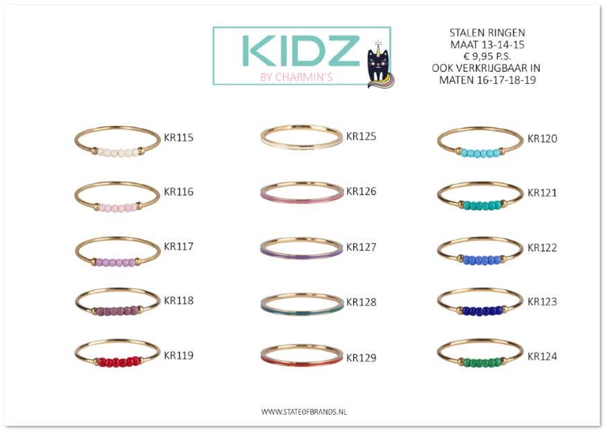 Charmin's Ringen – Anel de banda por atacado – Charmin's Ringen KIDZ - 45 anéis infantis coloridos em caixa para exposição, aço banhado a ouro, tamanhos 13, 14 e 154