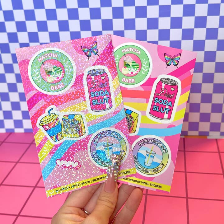 Caffeine Iced Coffee Soda Waterproof Vinyl Sticker Sheet for wholesale by Stickers+ X Ashley Bexar