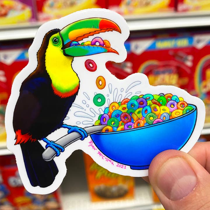 Ryan McCulloch Art - Wholesale Sticker - GLITTER STICKER: Fruit loops Early Bird Breakfast Toucan