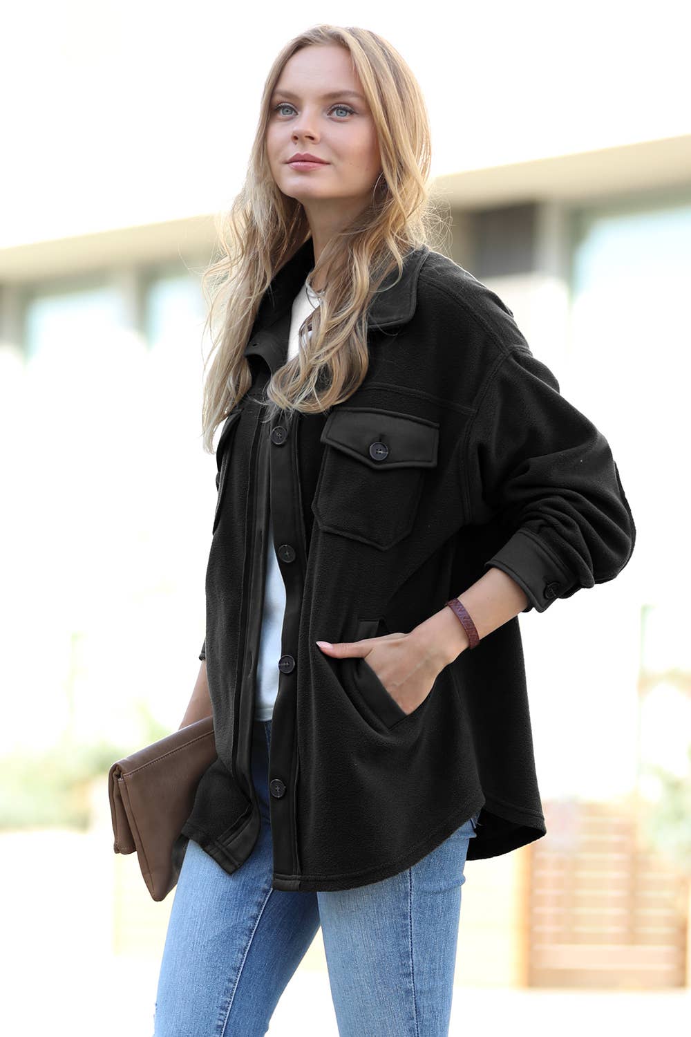 42POPS – Casaco camiseiro – Mulher por atacado – Sobrecamisa de Lã Sobredimensionada c/ remendo no cotovelo7