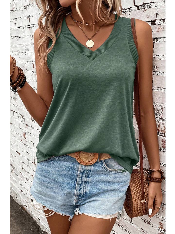 Verde niebla Camiseta sin mangas con cuello en V y ribete acanalado de venta al por mayor en Faire