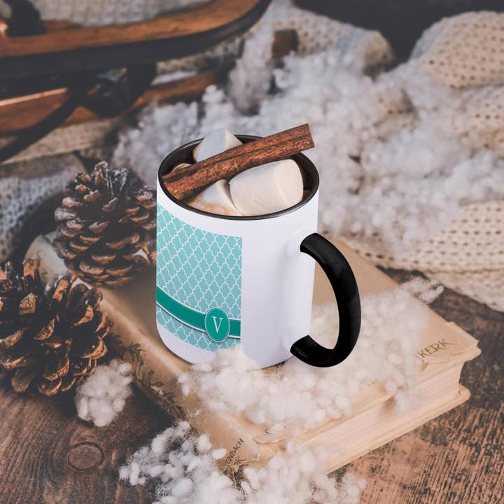 3dRose - Wholesale Coffee Mug - 3dRose, Personalized letter V aqua blue quatrefoil pattern Teal turquoise mint monogrammed personal initial, Mug4