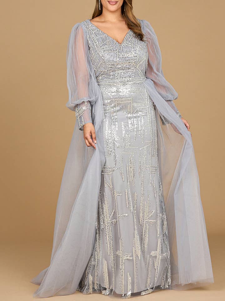Long Sleeve Lace Gown with Removable Over Skirt for wholesale by Lara New York