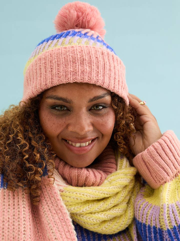 Phoebe Stripe Beanie Hat - Pink for wholesale by Cara & The Sky