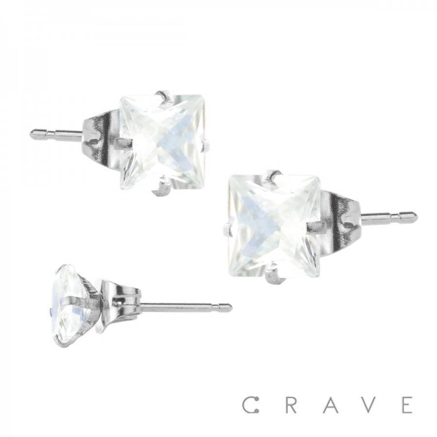 CRAVE - Wholesale Stud/Post Earrings - PAIR OF HYPOALLERGENIC 316L SS SQUARE CZ STUD EARRINGS0