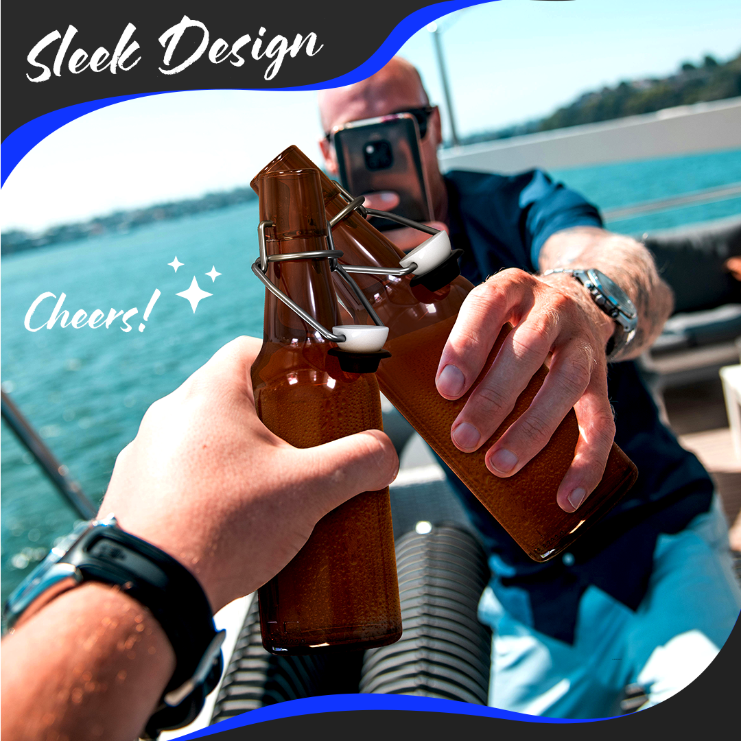 Nevlers – wholesale Mjölk- och juiceflaska – Nevlers 8,5 oz bärnstensfärgade glasölflaskor med svängkork (förpackning med 18) | Inkluderar tratt, borste och markör6