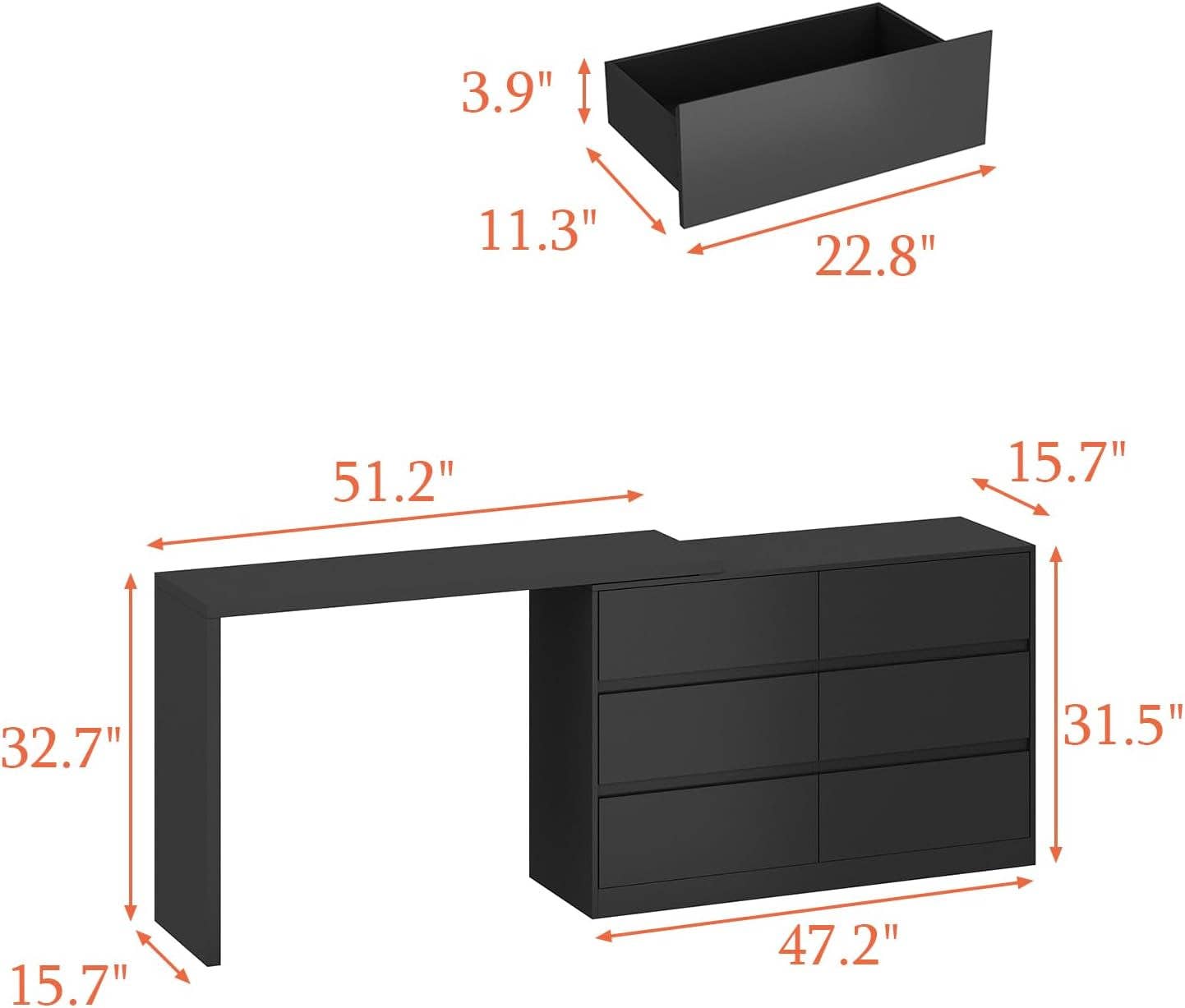 Black 6 Drawer Dresser With Rotatable Extendable Tabletop for wholesale on Faire2