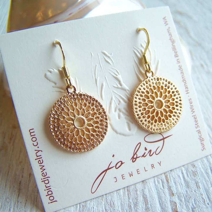 Jo Bird Jewelry – wholesale Dangle earrings – Brushed Gold Dahlias1