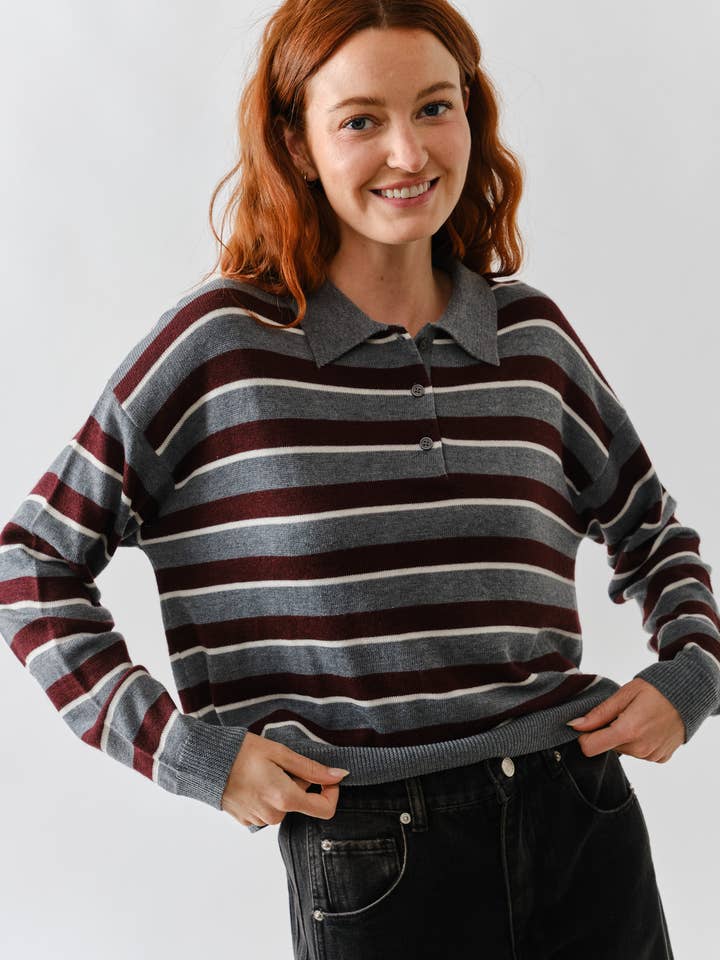 MAS3274 STRIPE POLO LONG SLEEVES KNIT SWEATER for wholesale by Aaron & Amber