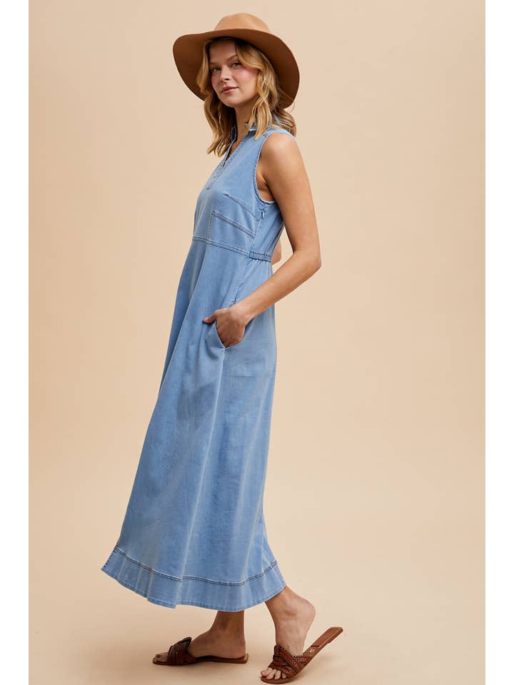 In Loom - Wholesale Dress - Women's - COLLARED DENIM FLARE MIDI