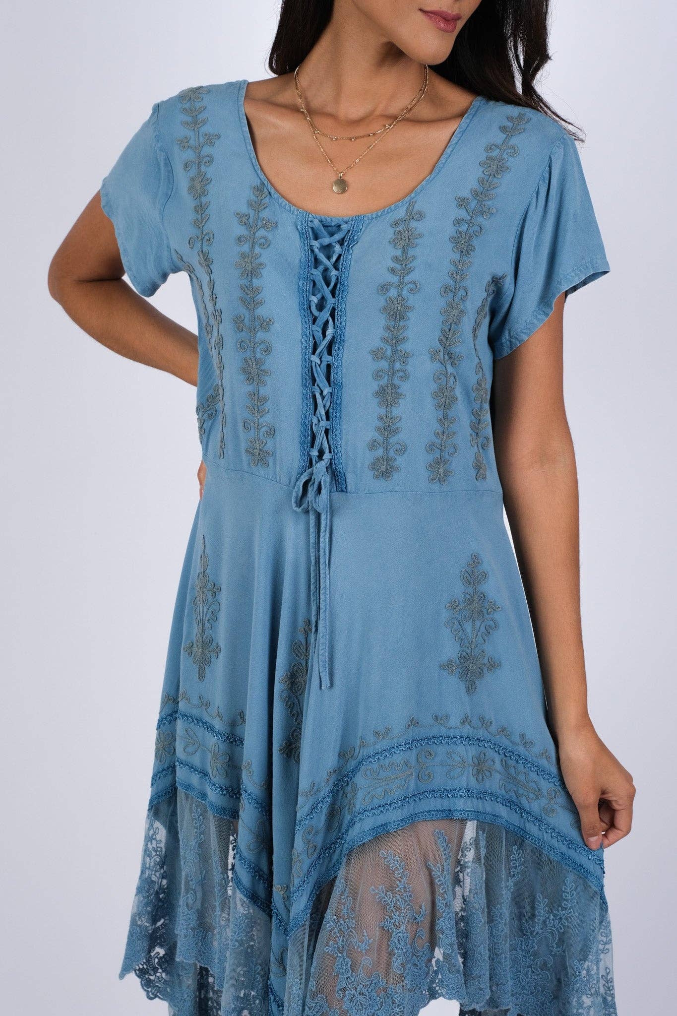 Sacred Threads - Wholesale Dress - Women's - Embroidered Artisan Blue Dress with Lace4