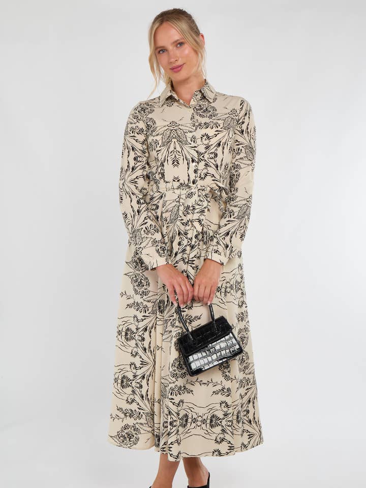 Cream Sketch Botanical Print Maxi Shirt Dress for wholesale by Love Sunshine Wholesale