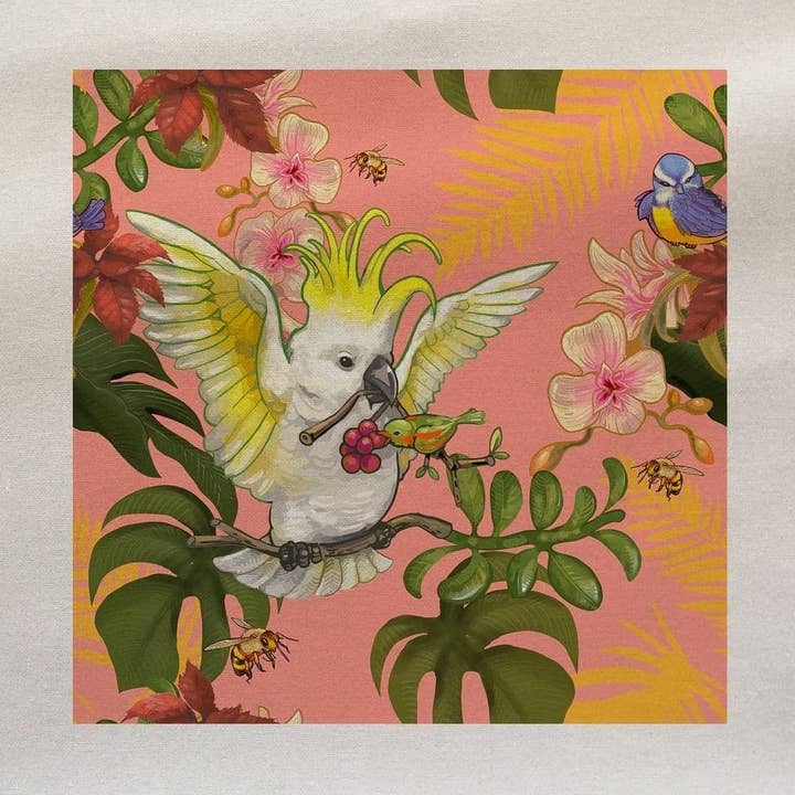 Pannello in tessuto stampato floreale con pappagallo e cacatua tropicale per la vendita all'ingrosso da parte di Hills Of Fabric