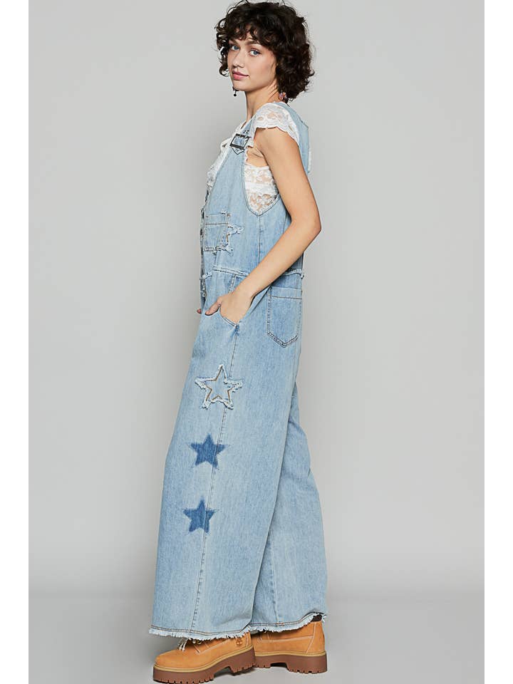 Oversized star patches denim overalls for wholesale on Faire