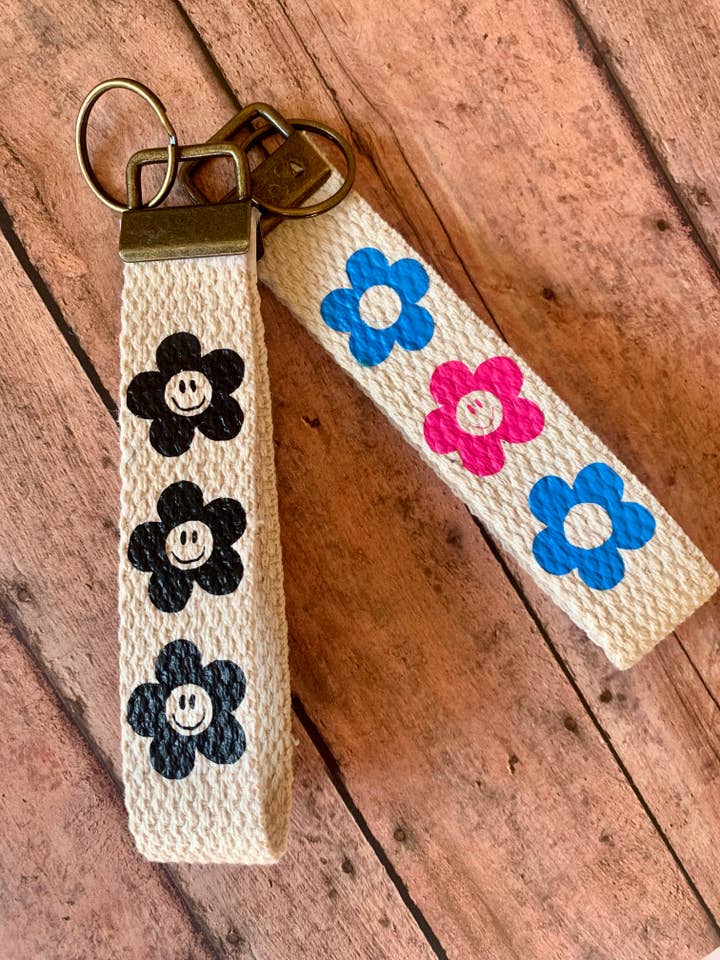 Retro Flower Smiley Face Keychain Wristlet / Key Fob for wholesale by The Shy Sunflower