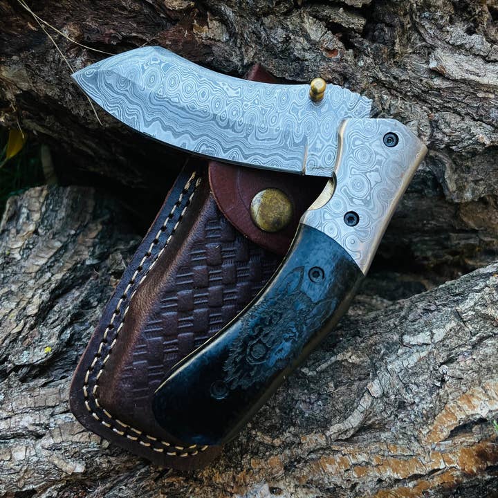Damascus Steel Folding Knife Wolf Engraved TK-052 for wholesale by Titan International