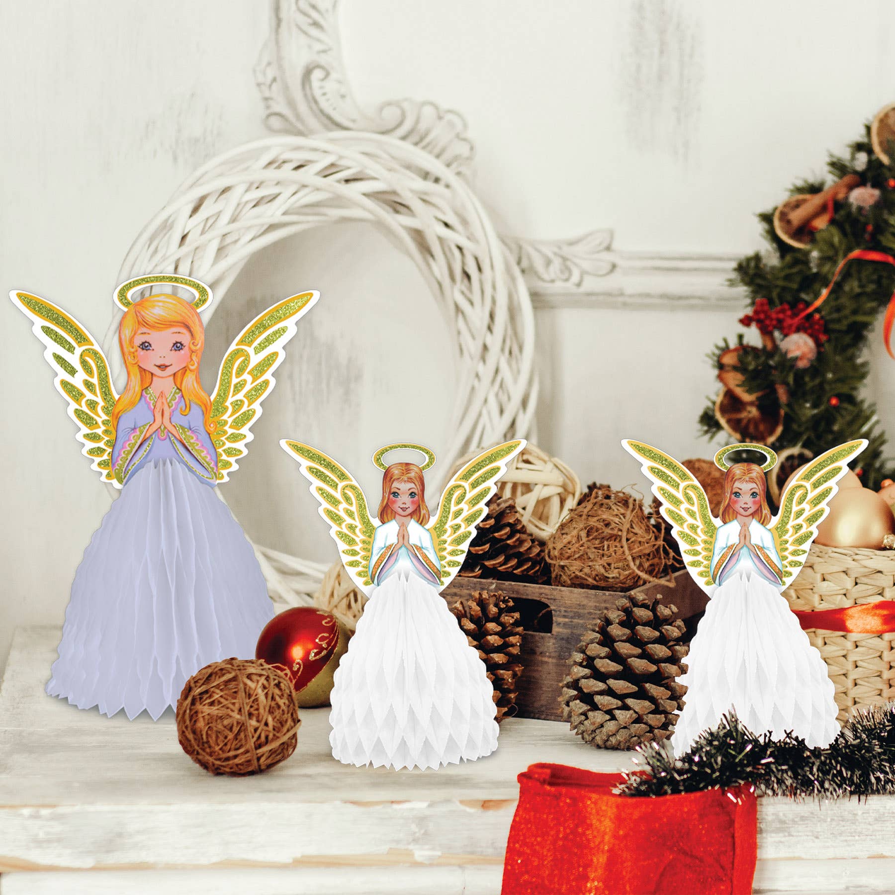 Beistle - Wholesale Christmas Decoration - Vintage Christmas Angel Centerpiece Set of 3, 11½" & 8"3