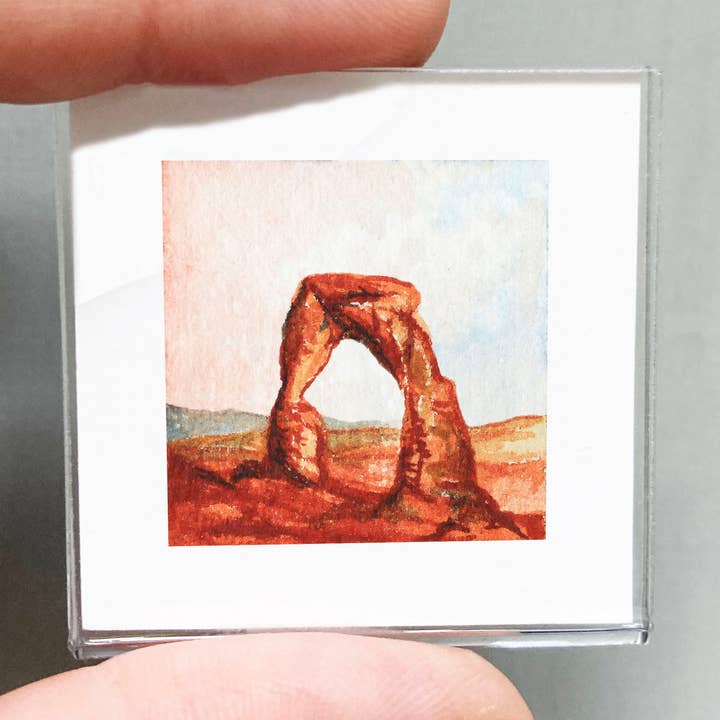 Mini 1" Delicate Arch Arches NP Tiny Watercolor Framed Print for wholesale by Mick's Art Goods