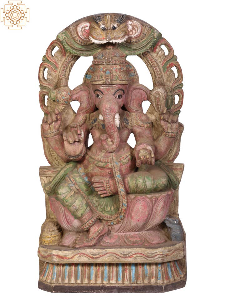 Lord Ganesha en bois de 18 po avec Kirtimukha | Fait main pour la vente par Exotic India Art