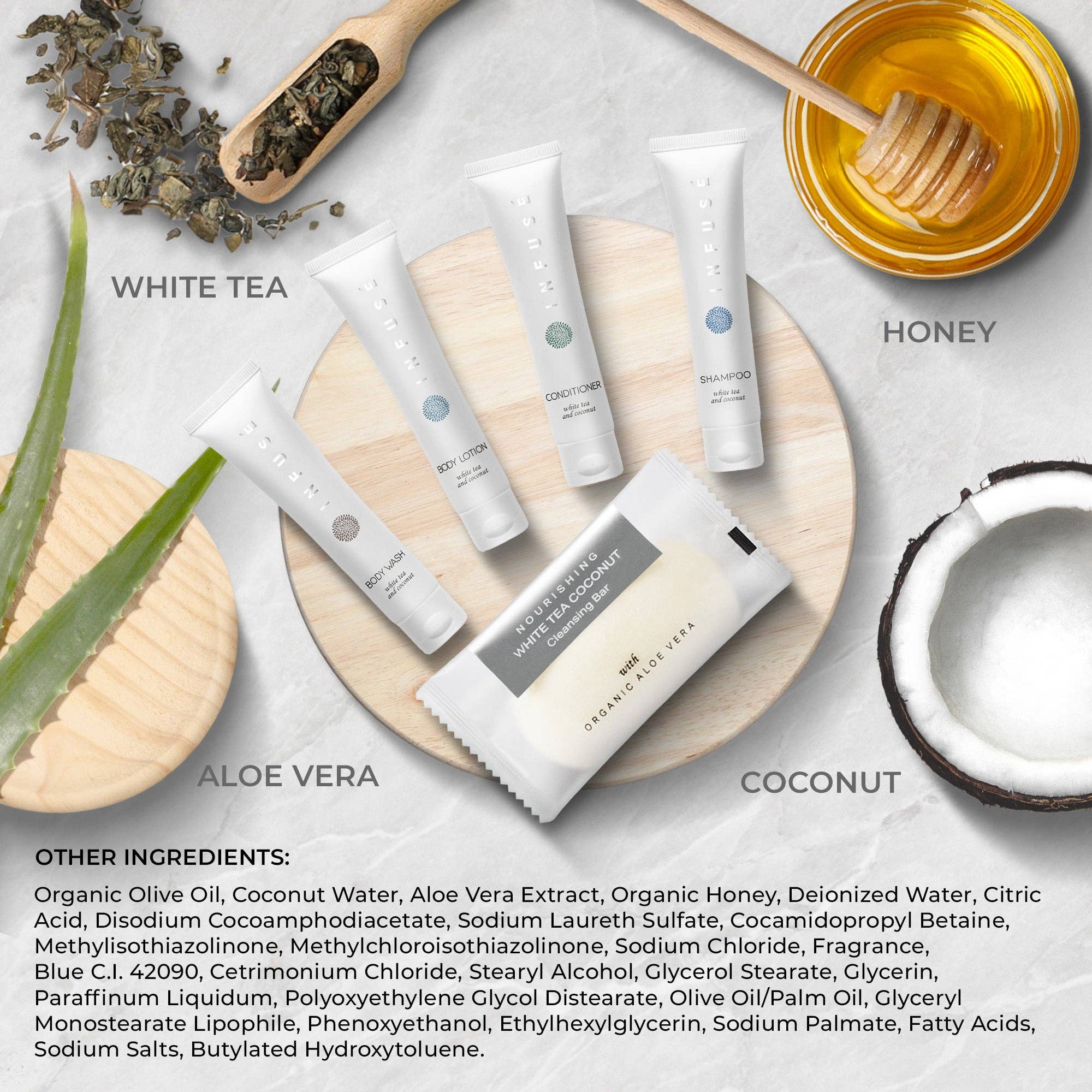 Diversified Hospitality Solutions - Wholesale Bath & Body Set - Infuse Pure White Tea and Coconut Hotel Soaps and Toiletries Bulk Set | 1-Shoppe All-In-Kit for Hotels | 1oz Shampoo & Conditioner, Body Wash, Lotion & 1.25oz Bar Soap | Travel Size 300 Pieces3