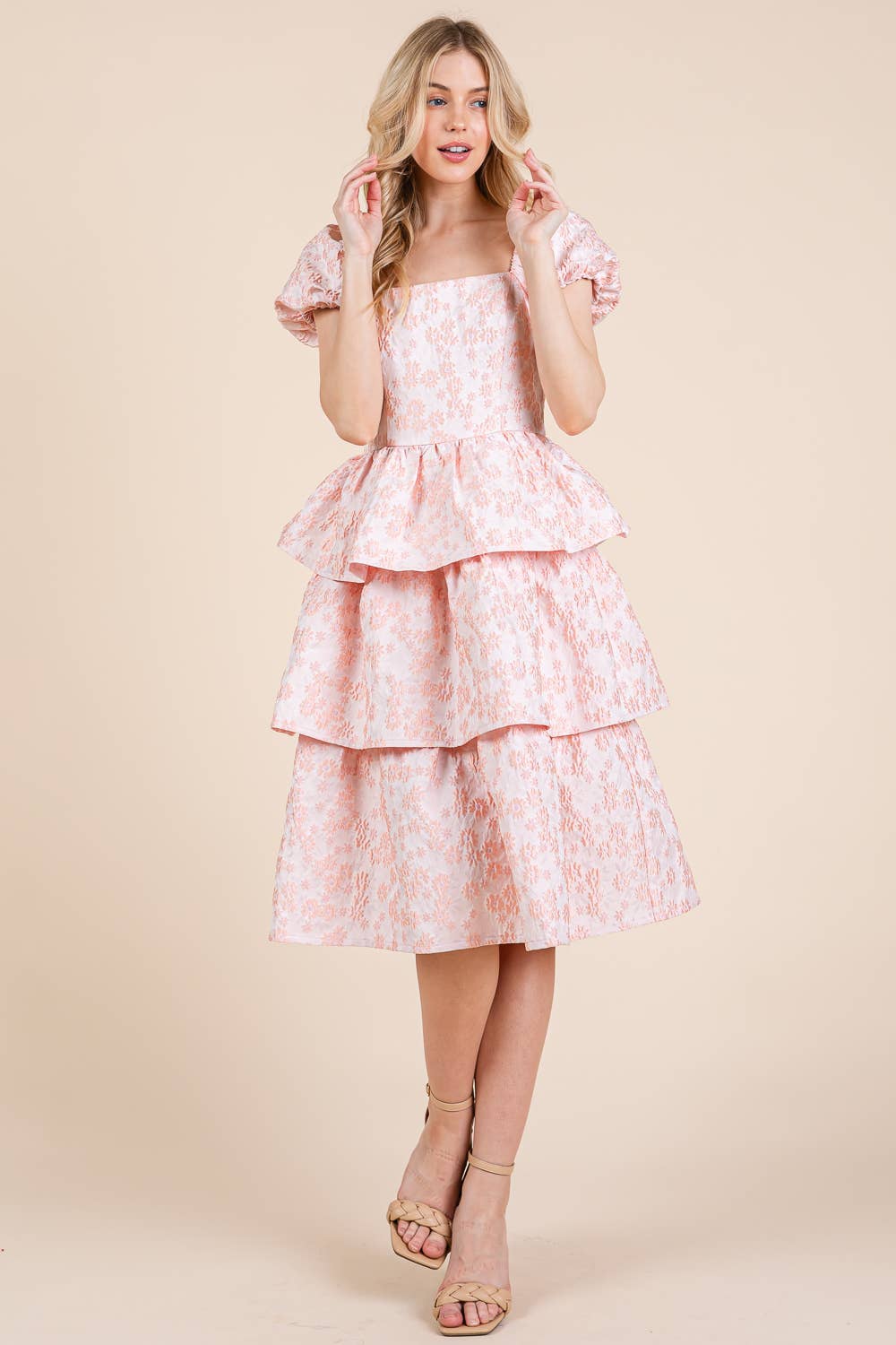 GeeGee x Lovelo - Wholesale Jurk - Dames - Floral Jacquard Gelaagde Midi Jurk, MD515480