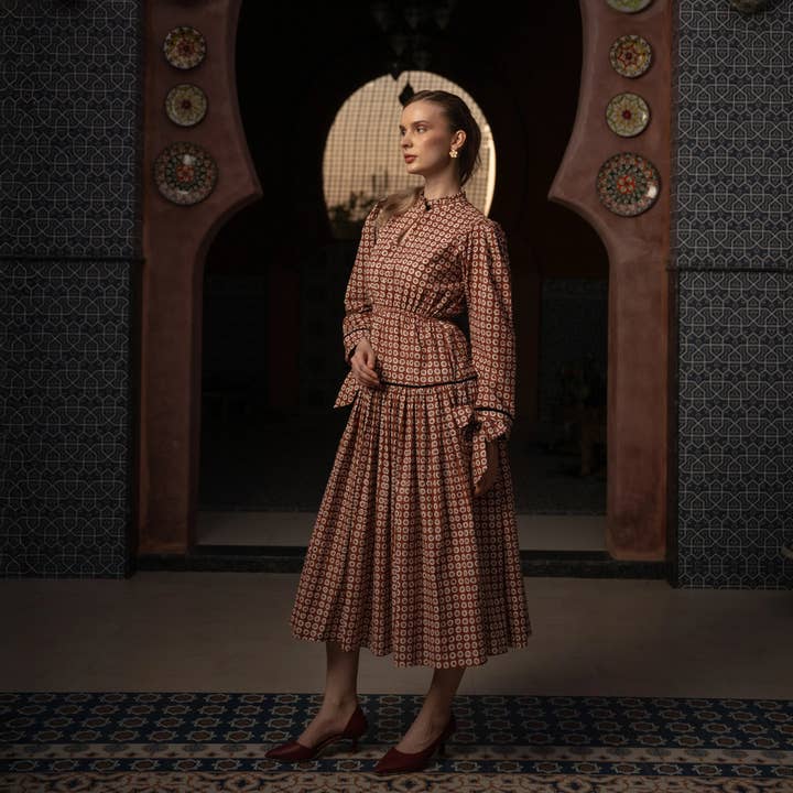 Midi Dress | Brown| Drop Waist | Block Print Dress | Camille for wholesale by Echo of Pink