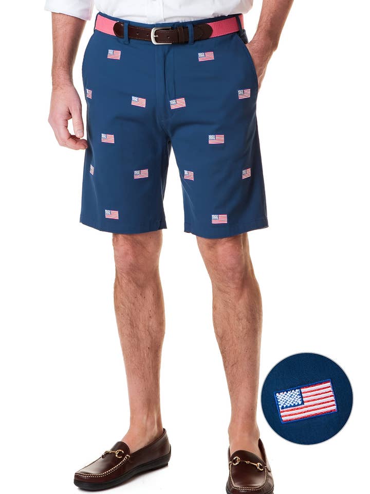 Cisco Short Stretch Twill Nantucket Navy With American Flag for wholesale by Castaway Clothing Nantucket Island