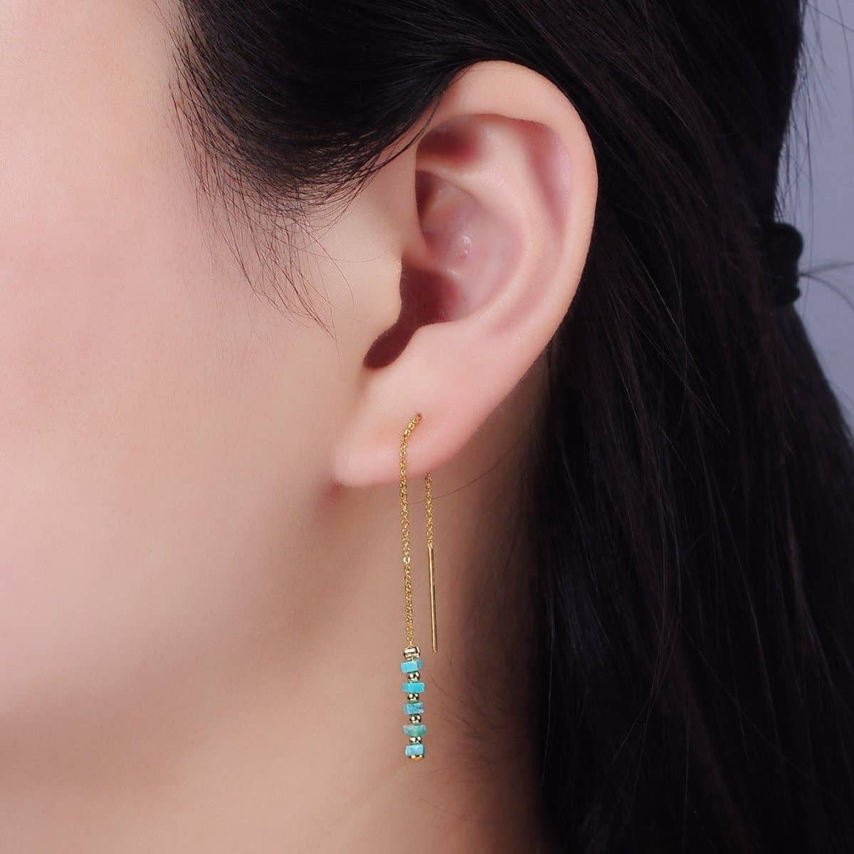 Aim Eternal - Wholesale Dangle Earrings - 16K Gold Filled  Turquoise Gemstone Cable Chain Threader Earrings | P0171
