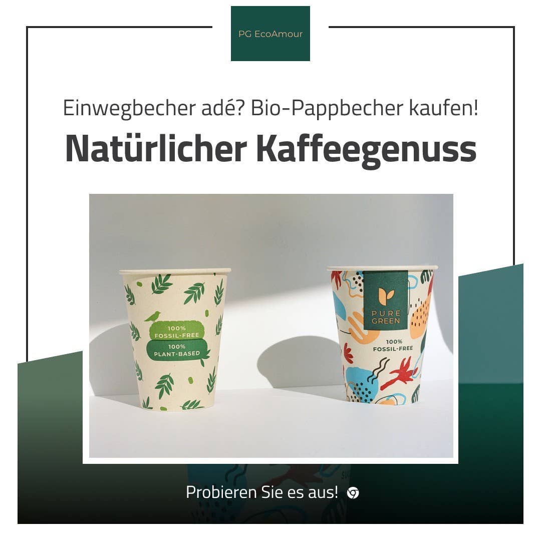 PUREGREEN GmbH – Großhandel Einwegbecher – 100 % biologisch abbaubare Kaffeebecher aus pflanzlichem Material (Packung)1