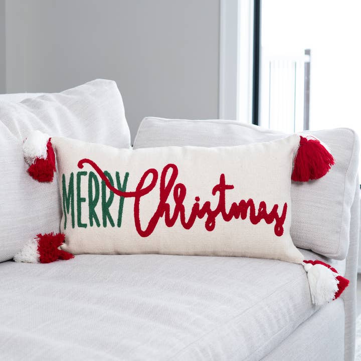 Elsie & Zoey - Wholesale Lumbar Pillow - Christmas 12"x22" Merry Christmas Embroidered Lumbar Pillow