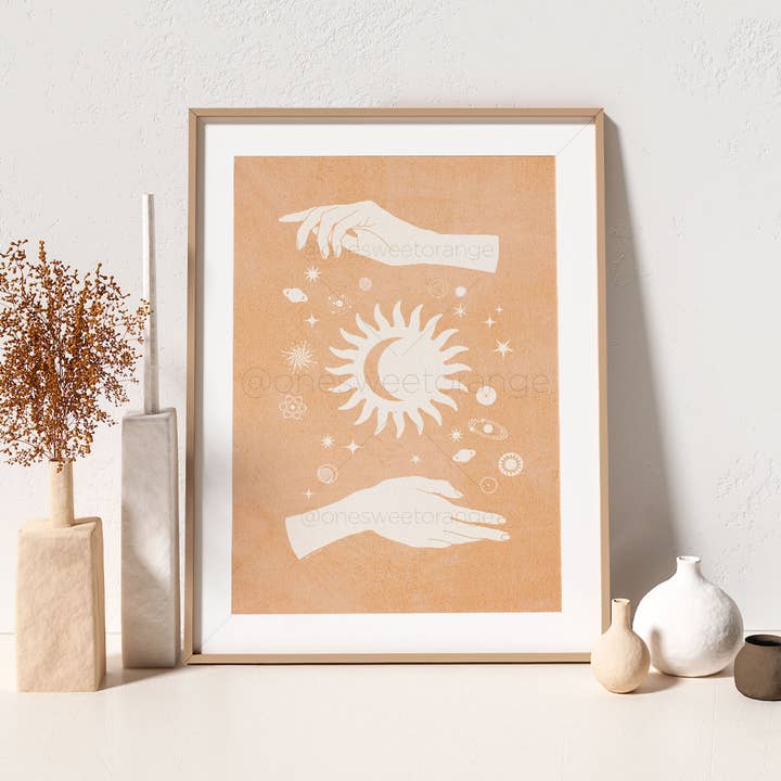 Celestial Sun Moon Hands Terracotta Art Print for wholesale by Onesweetorange
