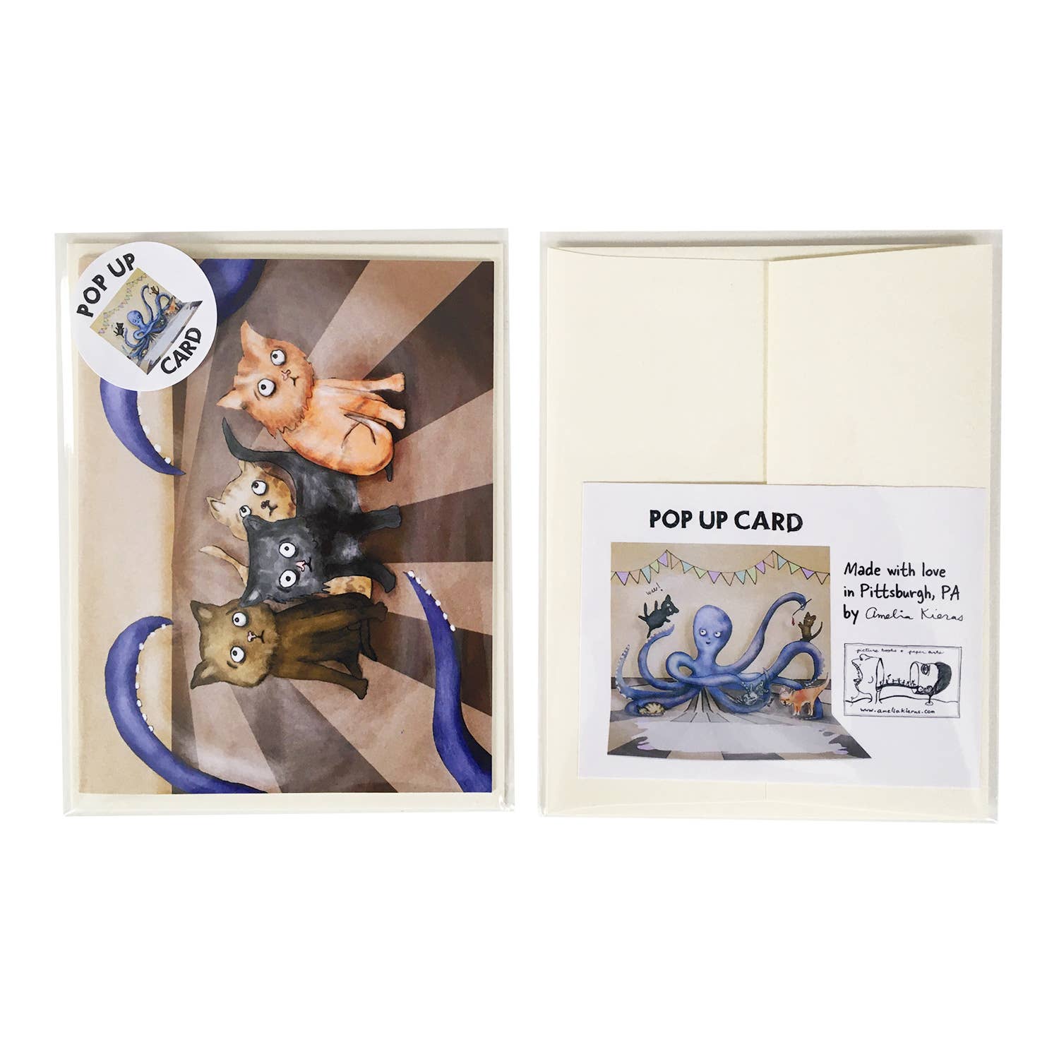 Amelia Kieras Paper Arts - Wholesale Everyday Greeting Card - Kitten Octopus Tickle Pop Up Card3