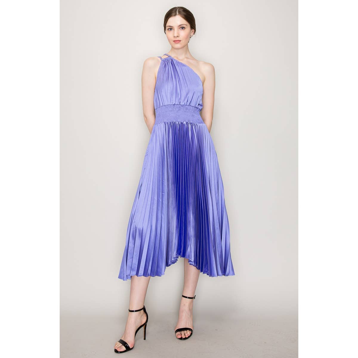 INA - Wholesale Dress - Women's - One-Shoulder Double Strap Pleated Satin Dress2
