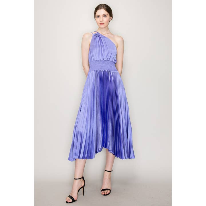 INA - Wholesale Dress - Women's - One-Shoulder Double Strap Pleated Satin Dress2