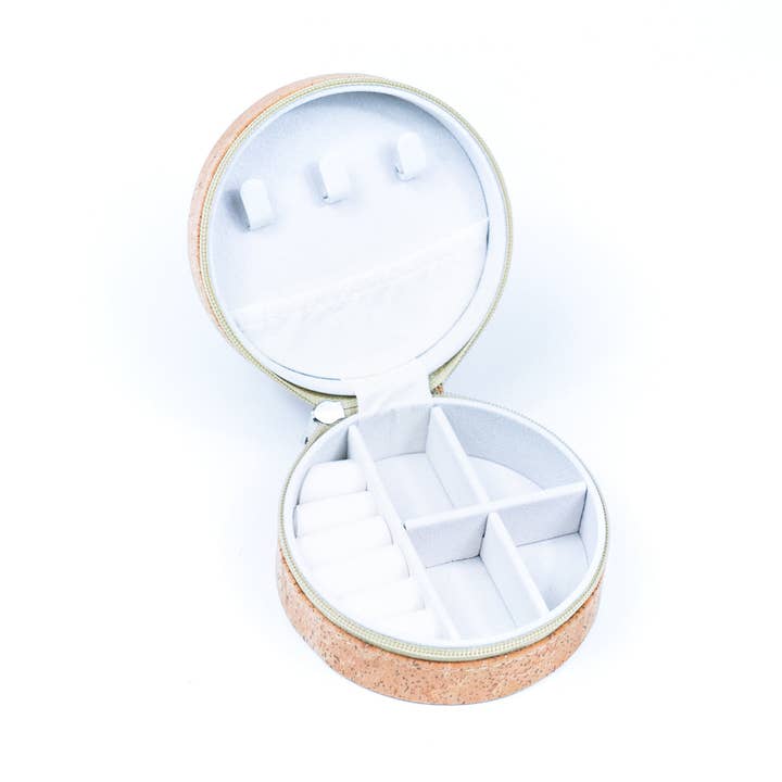 Meninas Bonitas Cork - Venta al por mayor Joyero/organizador de joyas - Caja redonda de corcho natural para guardar joyas L-1013