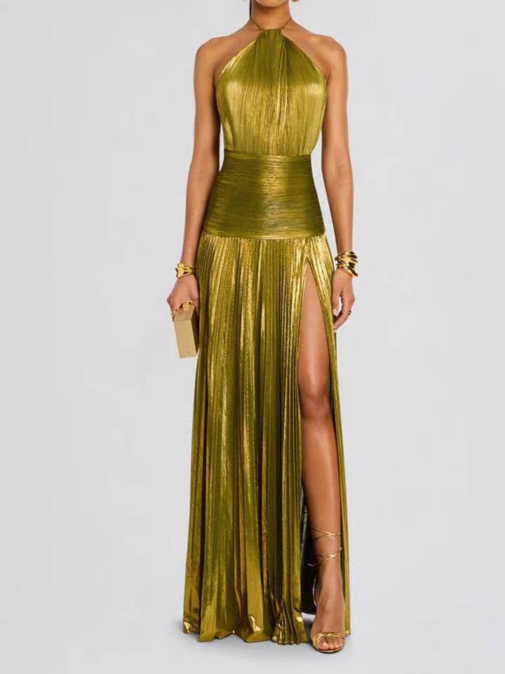 Sexig plisserad halterneckklänning med öppen rygg och slits DP25D923 för wholesale av Dipped Shop