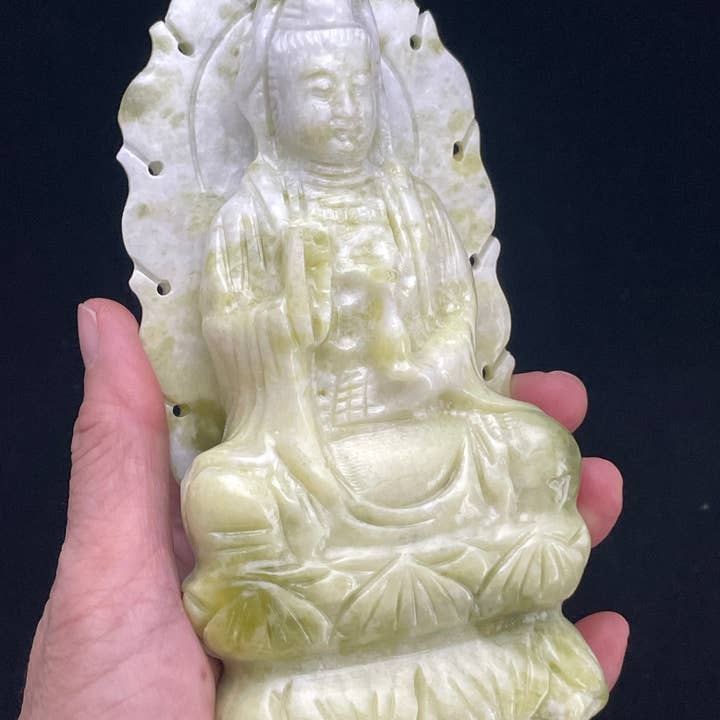 The 7 Directions - Wholesale Sculpture - 6" Serpentine Guan Yin on Lotus carving F35A