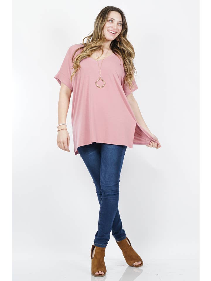 OLIVEMUSTARD `.Plus size V Neck Top w/ side-slit for wholesale on Faire17